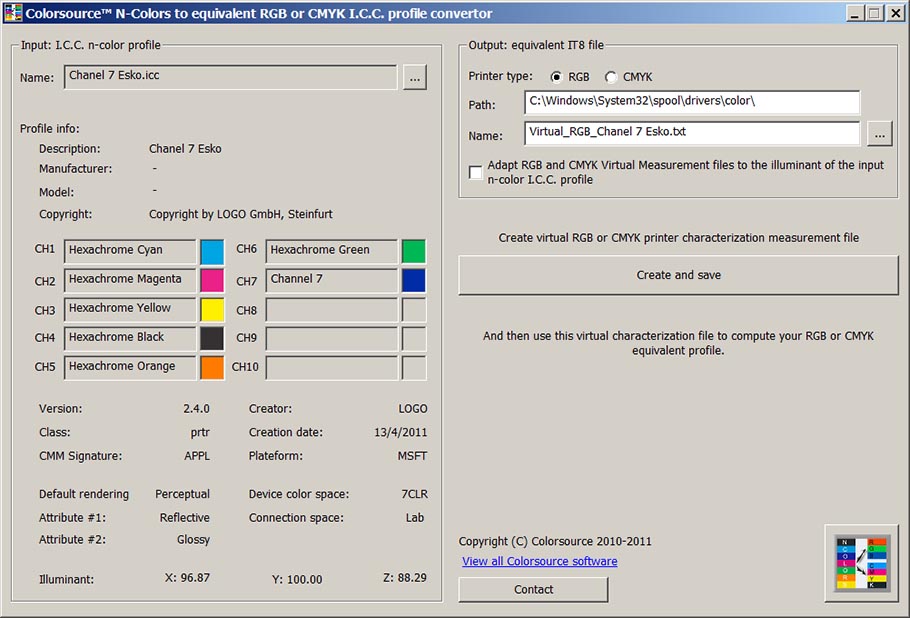Menu principal du logiciel Colorsource ICC_Profile_Convertor