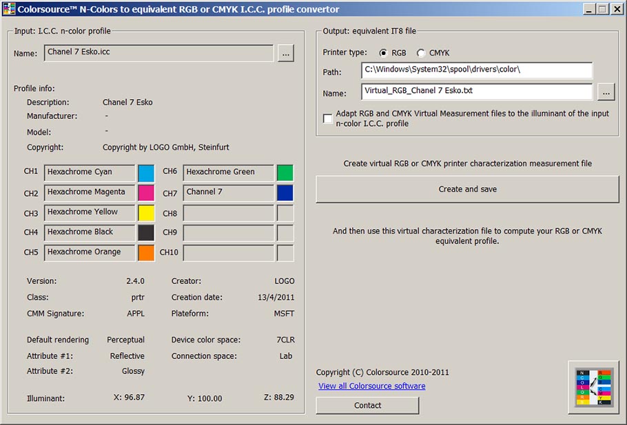 Menu principal du logiciel Colorsource ICC_Profile_Convertor